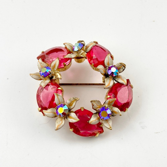Vintage Austrian Coral Pink Rhinestone Gold Tone Enamel Flower Glass Brooch - Picture 6 of 6